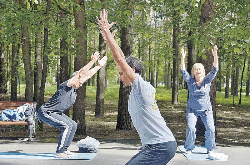 Пенсионеры занимаются спортом в парке